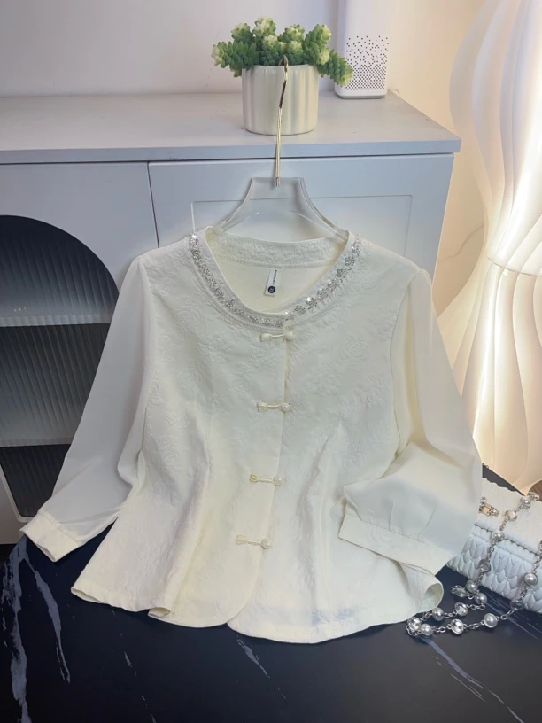 （现货➕退换包邮）提花气质七八分袖薄款百搭重工小衫立领女装开衫