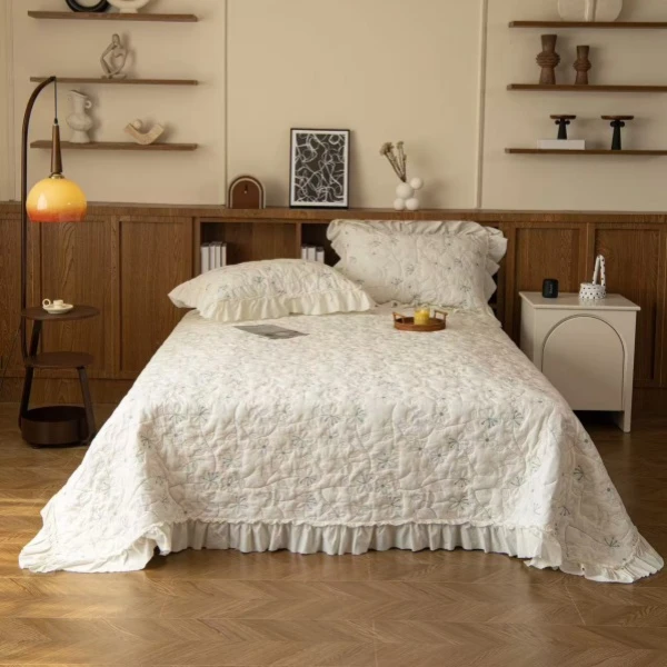 【蝶恋花】外贸纯棉全棉100%棉60支韩式花边款床盖2.3*2.5米三件套D