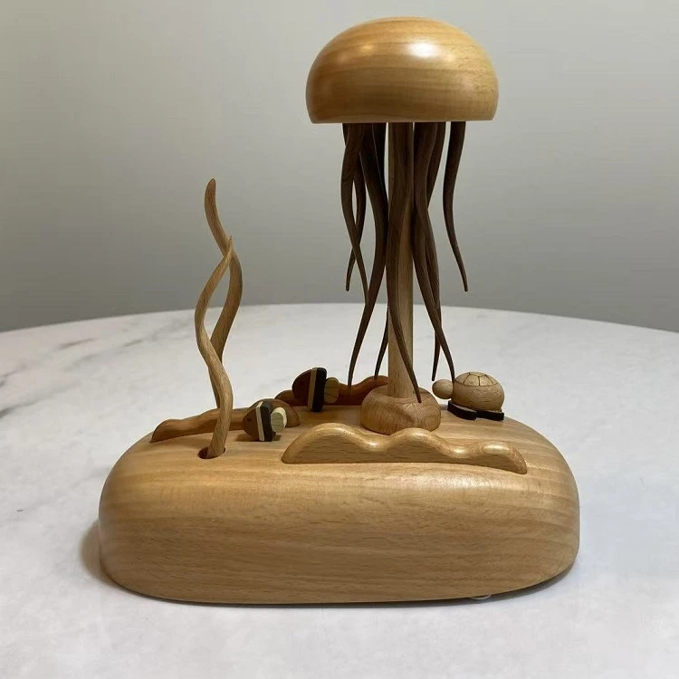 静音长须灵动机械水母音乐盒木制水母摆件八音盒送人高端礼物