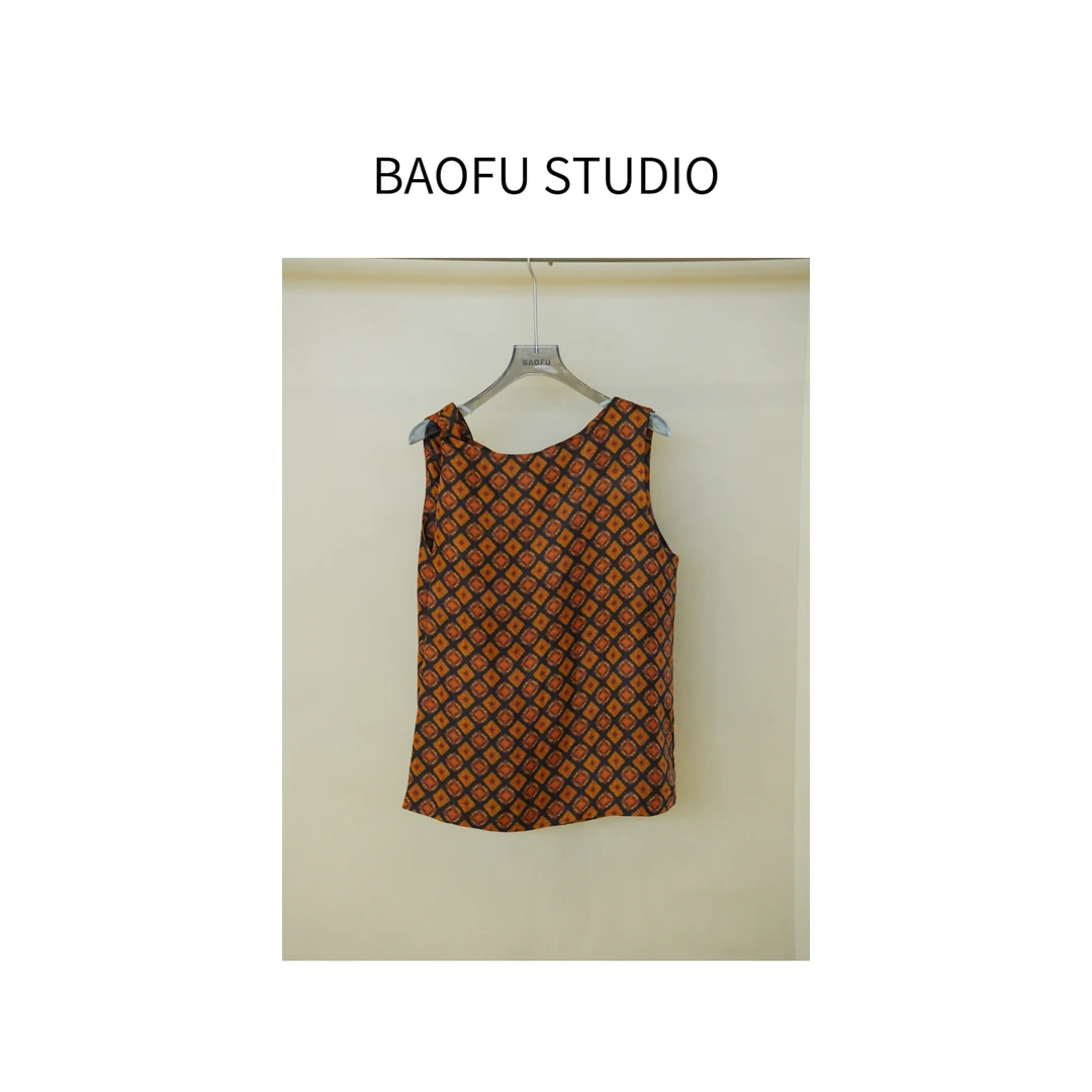 BAOFU studio｜桑蚕丝复古印花扭结上衣气质无袖衬衫箱式阔版上衣
