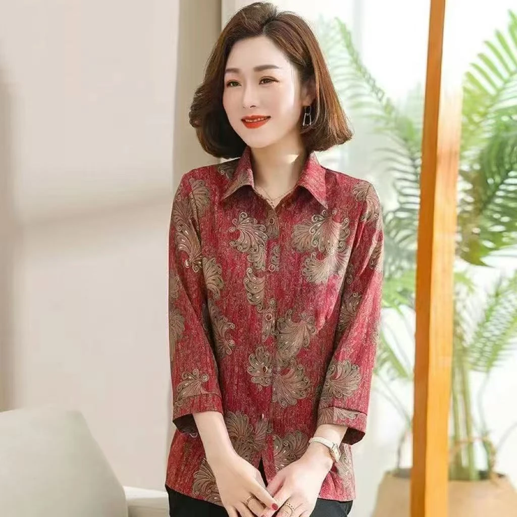 8226-中老年人春装女奶奶装夏装衬衣老人衣服妈妈中袖薄衬衫【余】