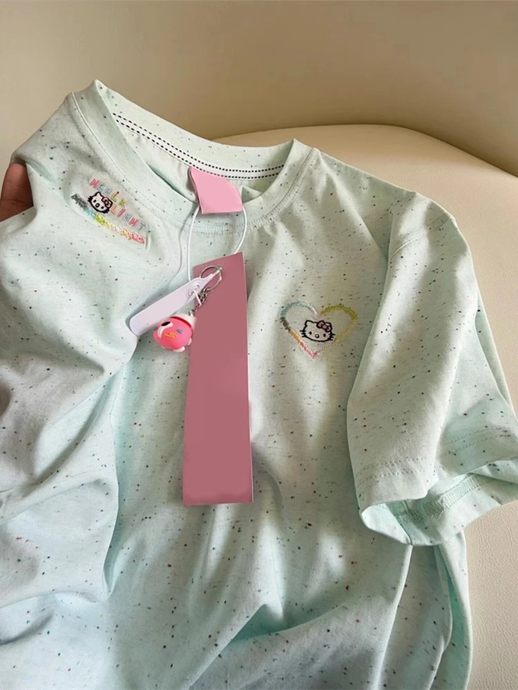 美式复古彩虹点爱心kitty猫刺绣短袖t恤女夏季宽松学院风休闲上衣