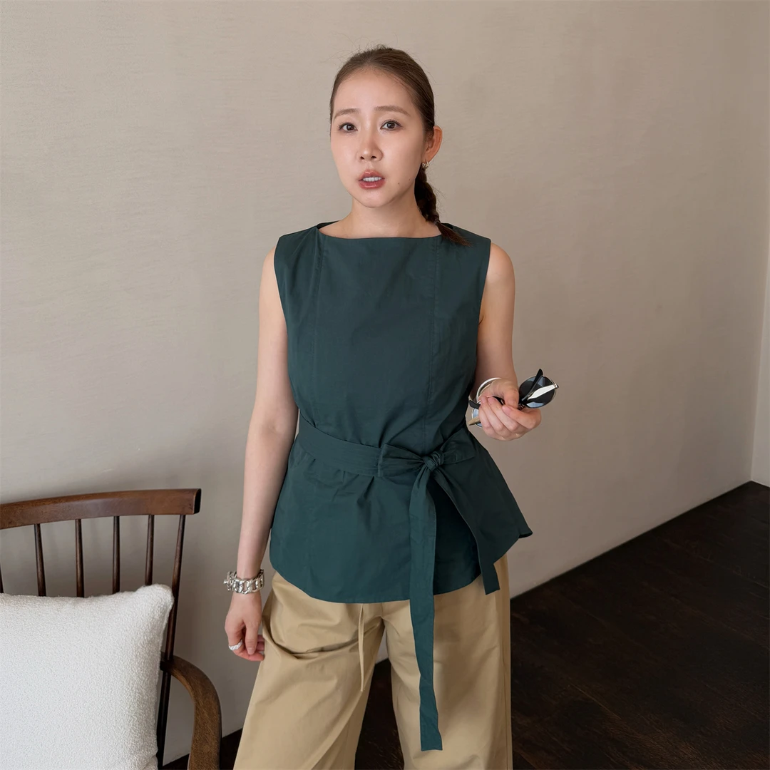 widelia夏季5369韩版气质无袖背心衬衫收腰显瘦系带无袖背心上衣
