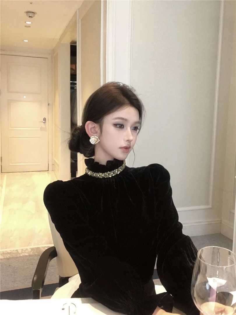 新款法式木耳立领金色亮片丝绒宽松显瘦百搭长袖上衣