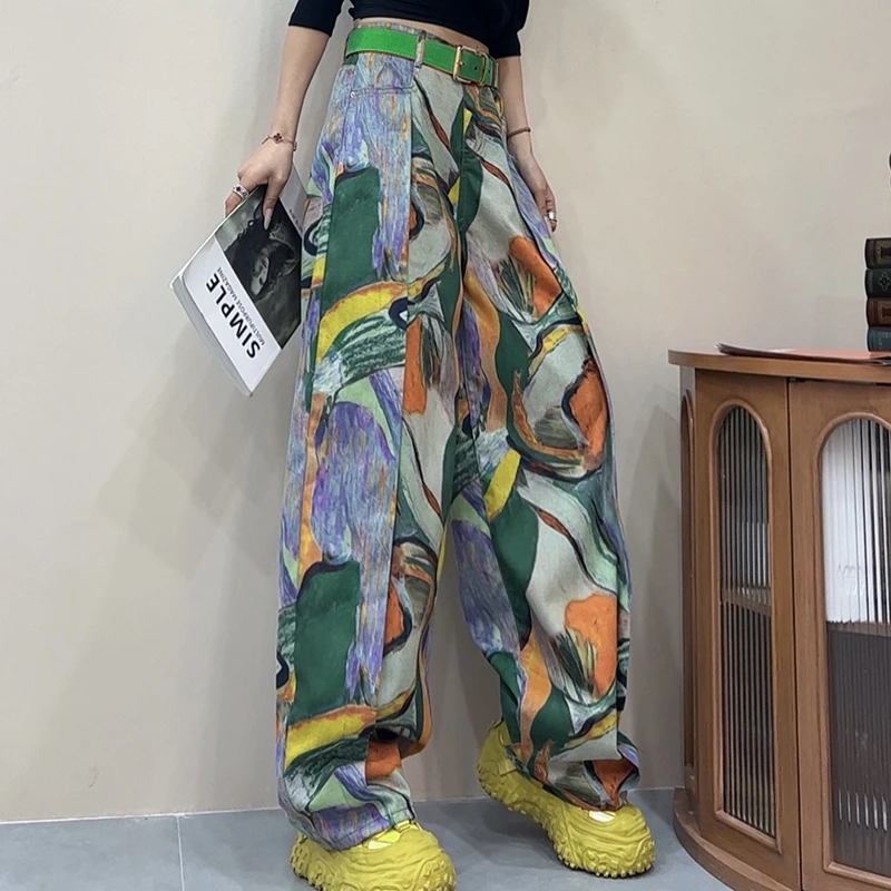 春季洋气涂鸦花色阔腿裤女2025新款时尚休闲潮流百搭休闲裤-8078
