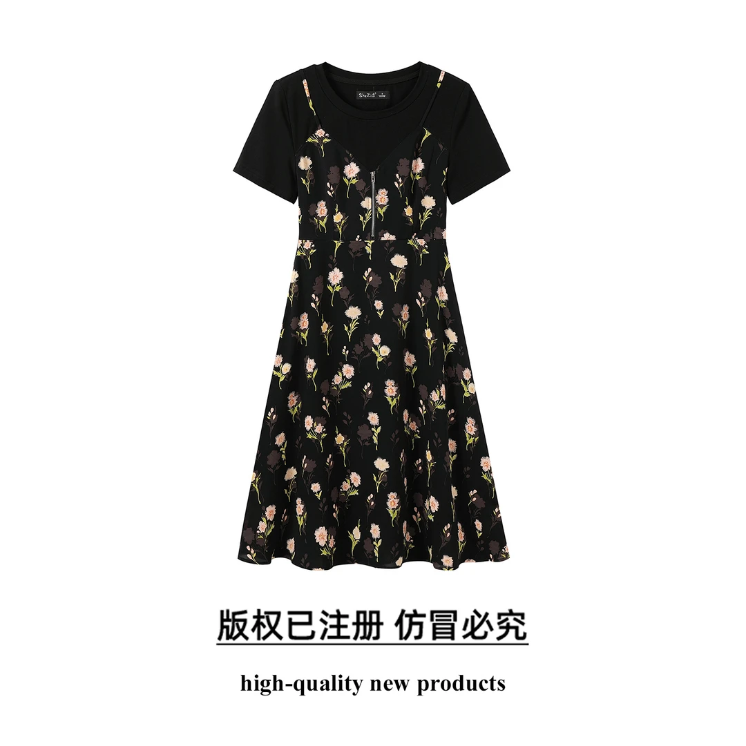 奢姿大码女装2025夏季新款胖妹妹时尚减龄花卉印花假两件连衣裙