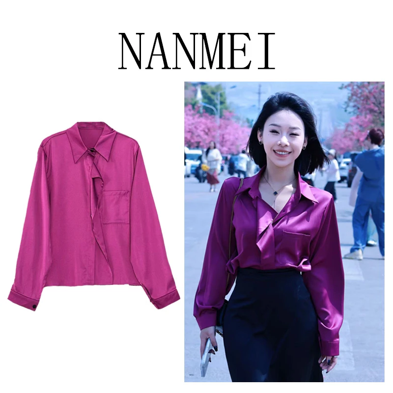 NM【气质女人】春季缎面长袖衬衫+一片式绑带裙子两件套