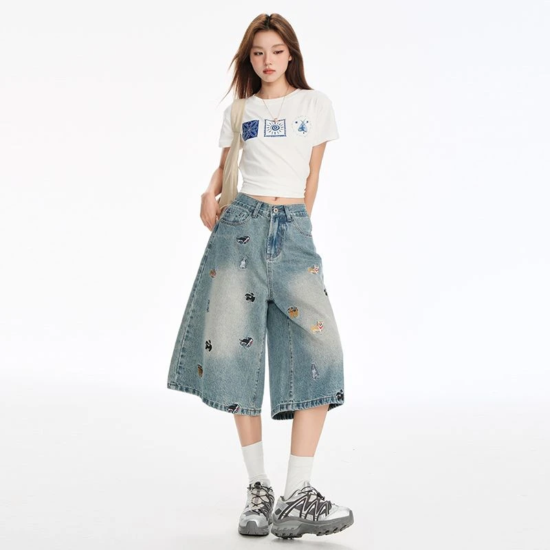 REDR美式复古高腰阔腿牛仔短裤新款小狗刺绣宽松直筒七分裤子