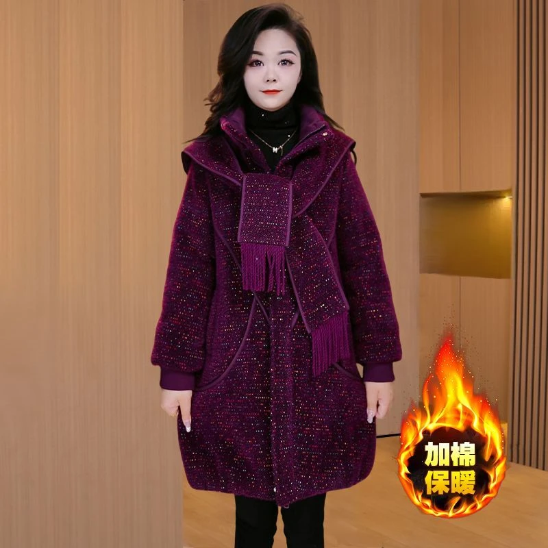 中年妈妈大码棉服外套雪尼尔绒保暖拼接连帽加厚冬装女士宽松棉衣