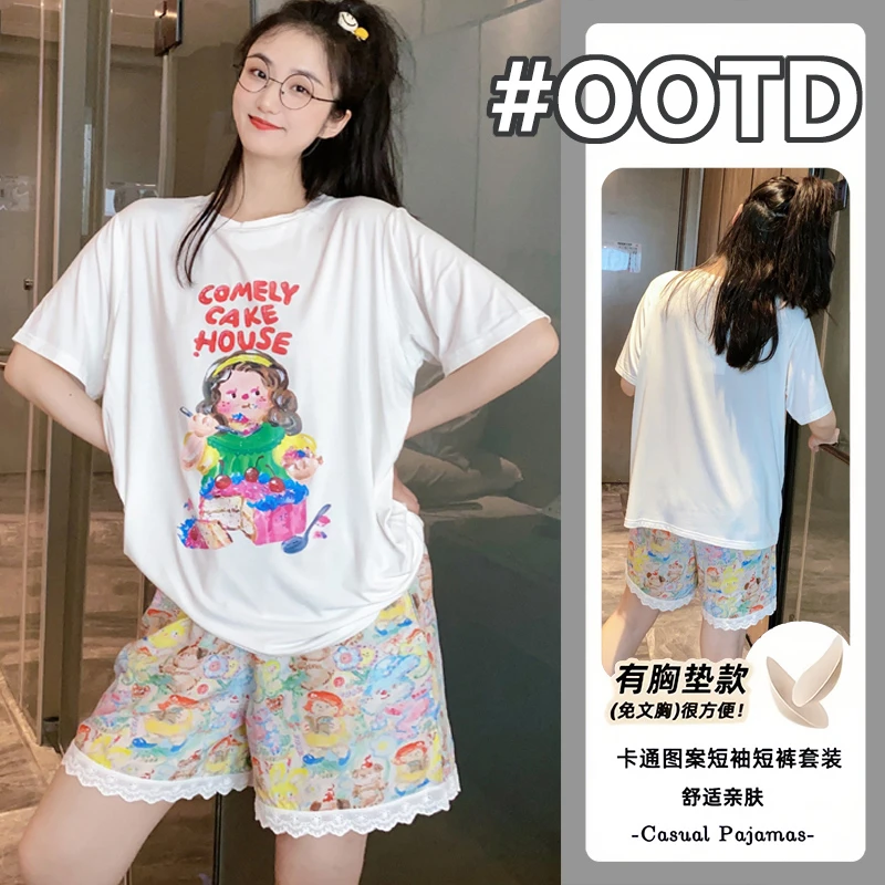 夏季女士睡衣带胸垫短袖套头休闲套装2025新款时尚卡通可爱家居服