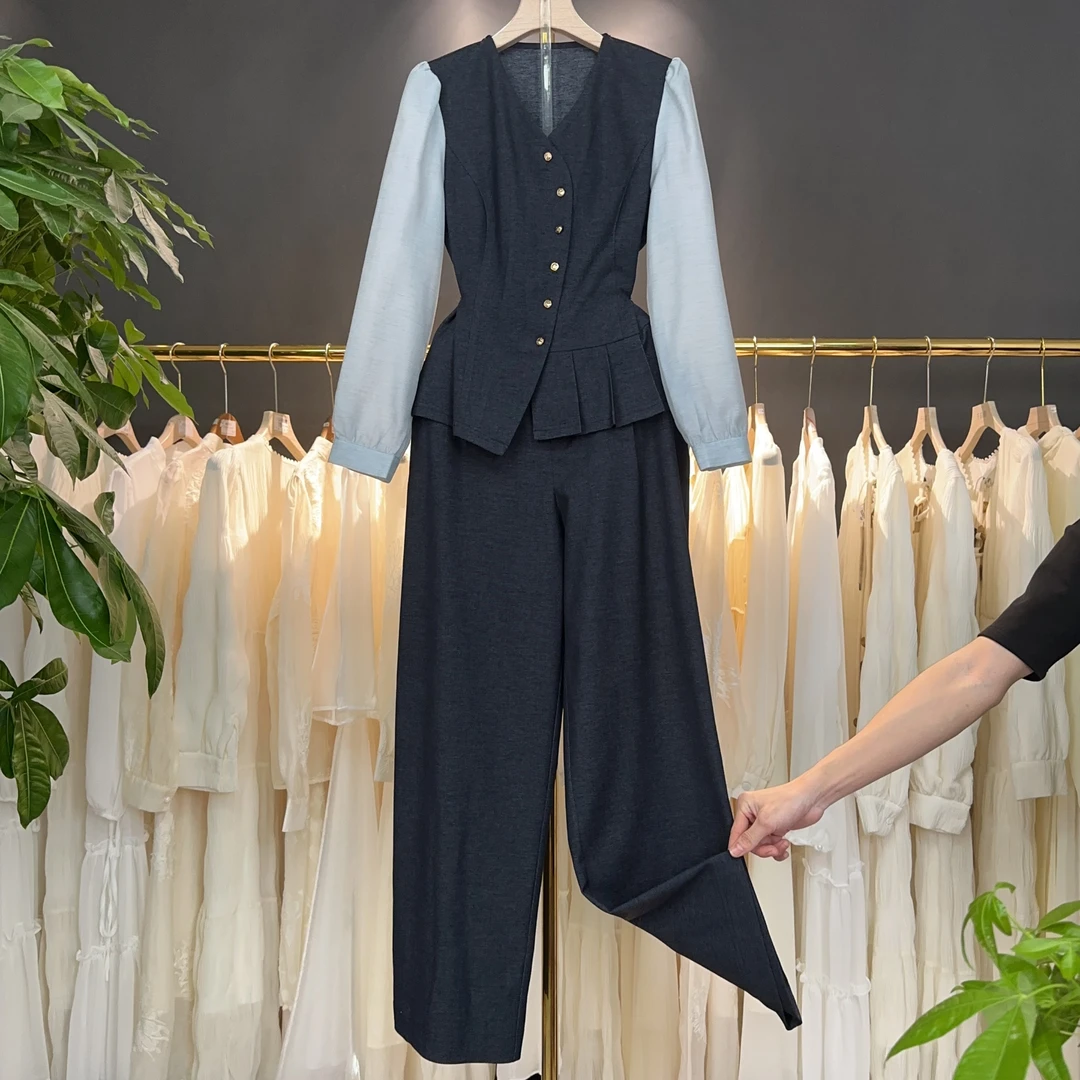 2025年新款气质长袖时尚休闲显瘦简约宽松纯色设计感套装M1018