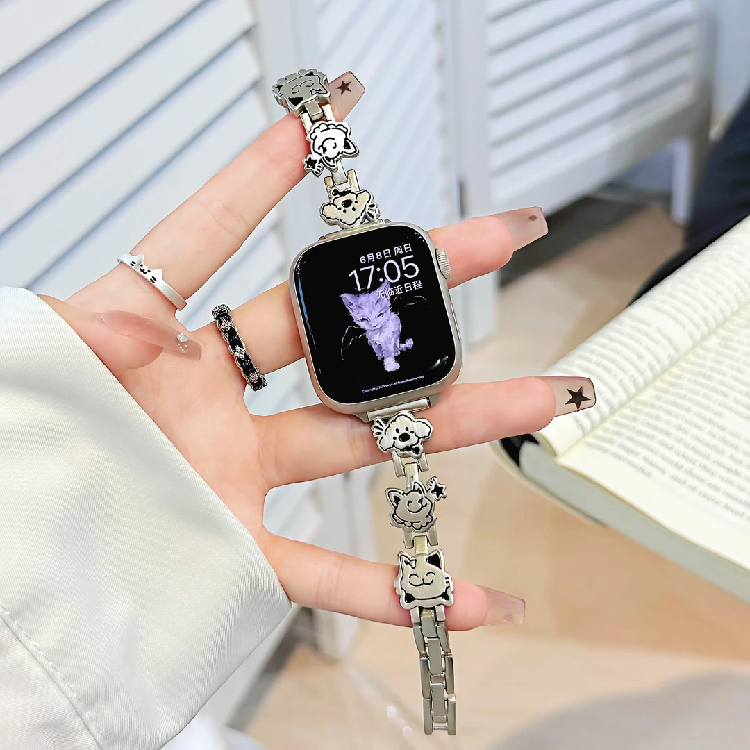 适用苹果SE手表iwatchS10表带夏季S9可爱女生S8小狗金属高级7链条