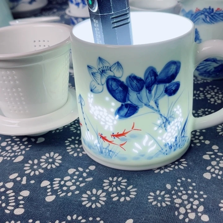 青花玲珑办公杯手绘荷花三件套