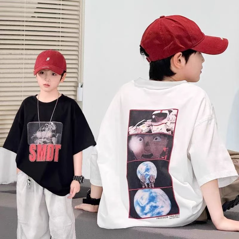 男童潮酷太空印花纯棉短袖t恤中大童2025夏季新款儿童痞帅上衣潮