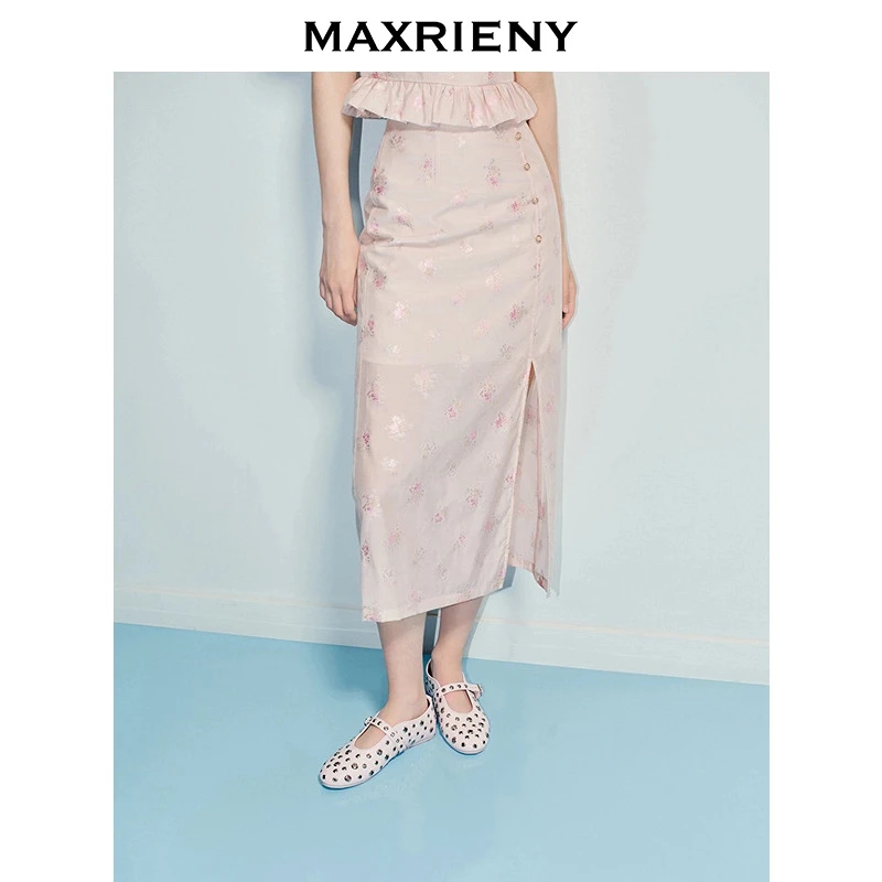 MAXRIENY25年夏季新款优雅新中式半裙提花高腰复古直筒裙国风