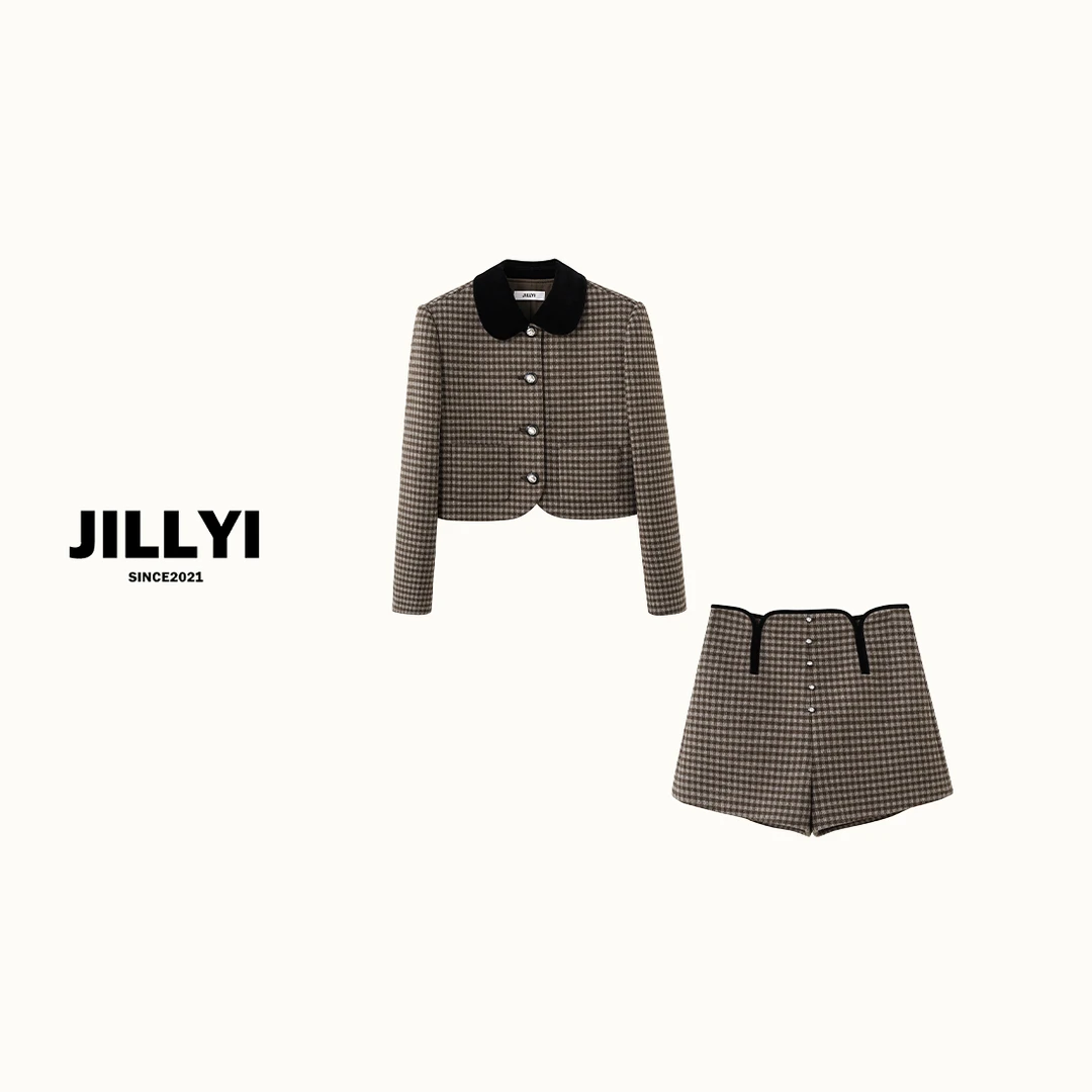 JILLYI珠海店【太妃摩卡】咖啡力色格子外套+咖啡色格子短裤复古时