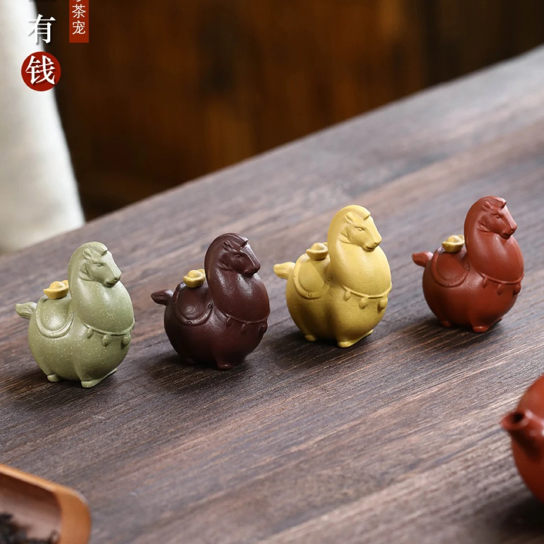 紫宜兴砂茶宠马摆件手工茶道件生肖元宝唐马上有钱茶配件中式装饰