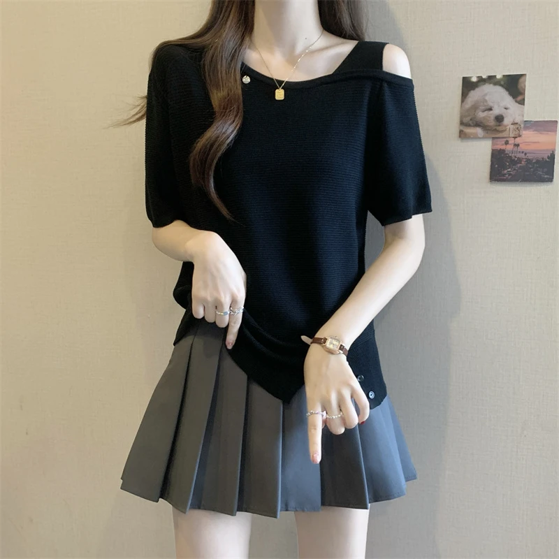 大码露肩别致冰丝短袖T恤女夏季新款微胖妹妹小众设计感打底上衣