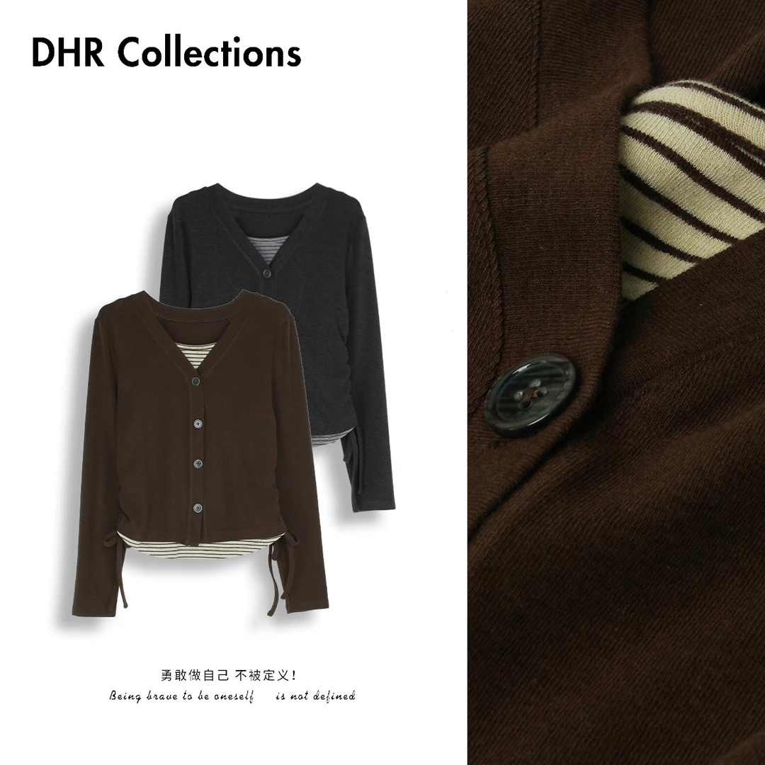 豆豆6【假两件】初秋薄款设计感长袖外搭慵懒抽绳拼接上衣-DQ1673