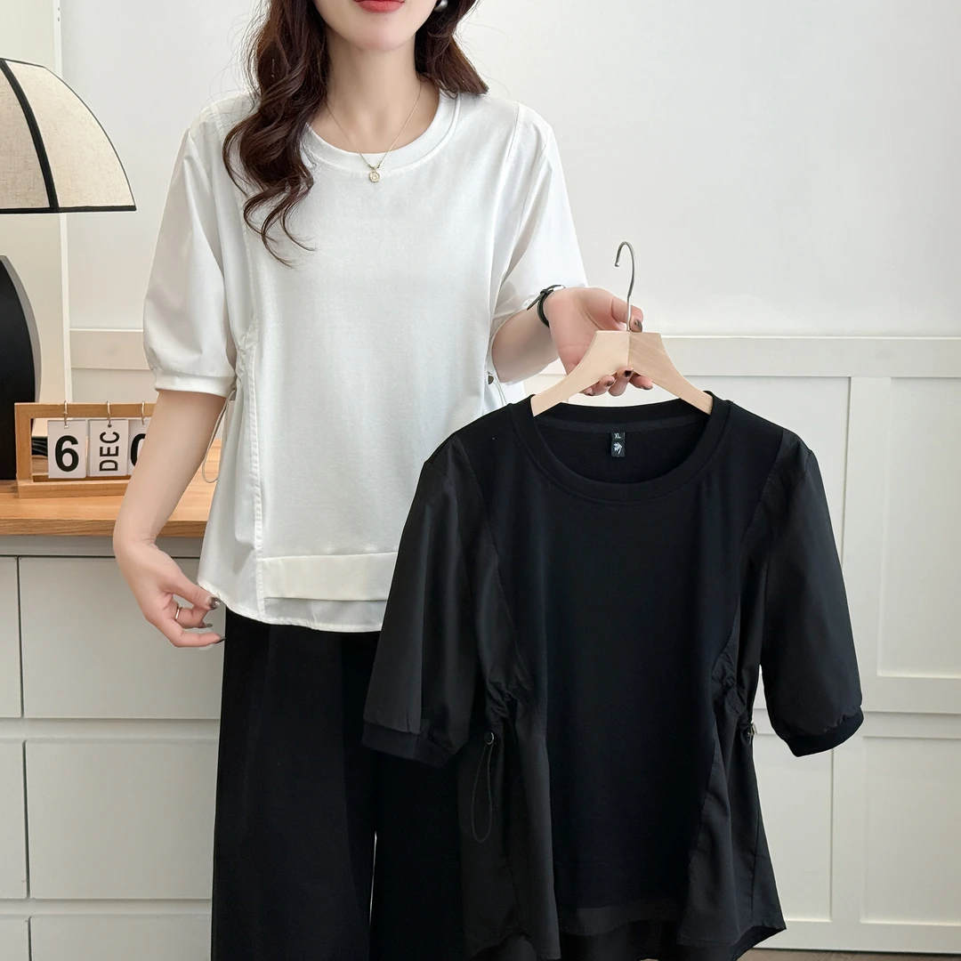梦冬佳--110-200斤大码女装胖mm宽松遮肚子设计感拼接短袖上衣T恤