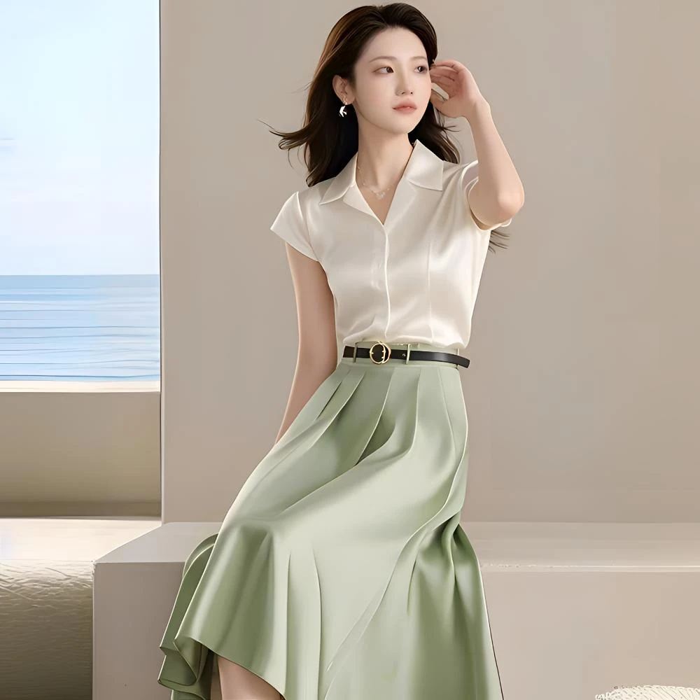 短袖套头衬衫+百褶半身裙设计感高腰职业女神范小众洋气收腰显瘦