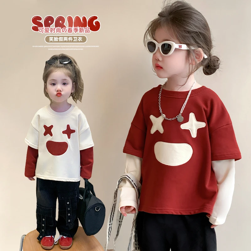 小女童假两件卫衣时髦洋气长袖时尚打底圆领宽松女宝韩版卡通休闲