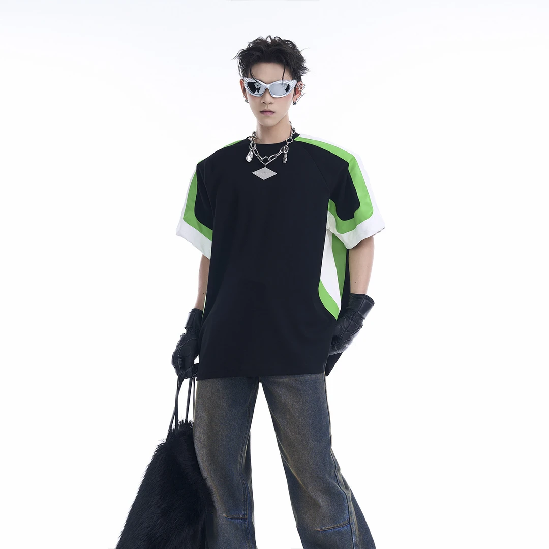 小瘦子男装 美式高街撞色短袖T恤男夏季潮流小众拼接设计垫肩上衣