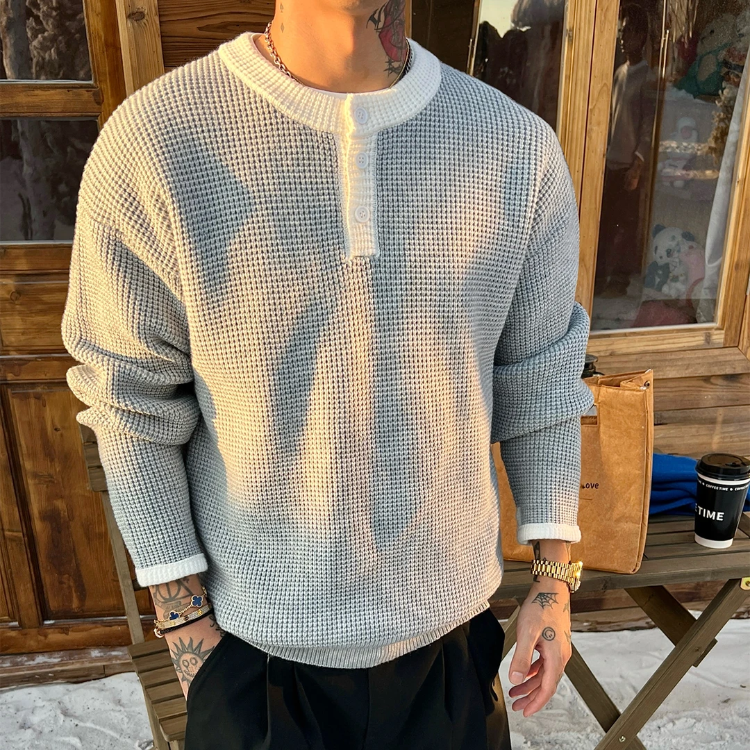 OXFREAK「撞色拼接 亨利领」老钱风纯色毛衣男冬季宽松内搭针织衫
