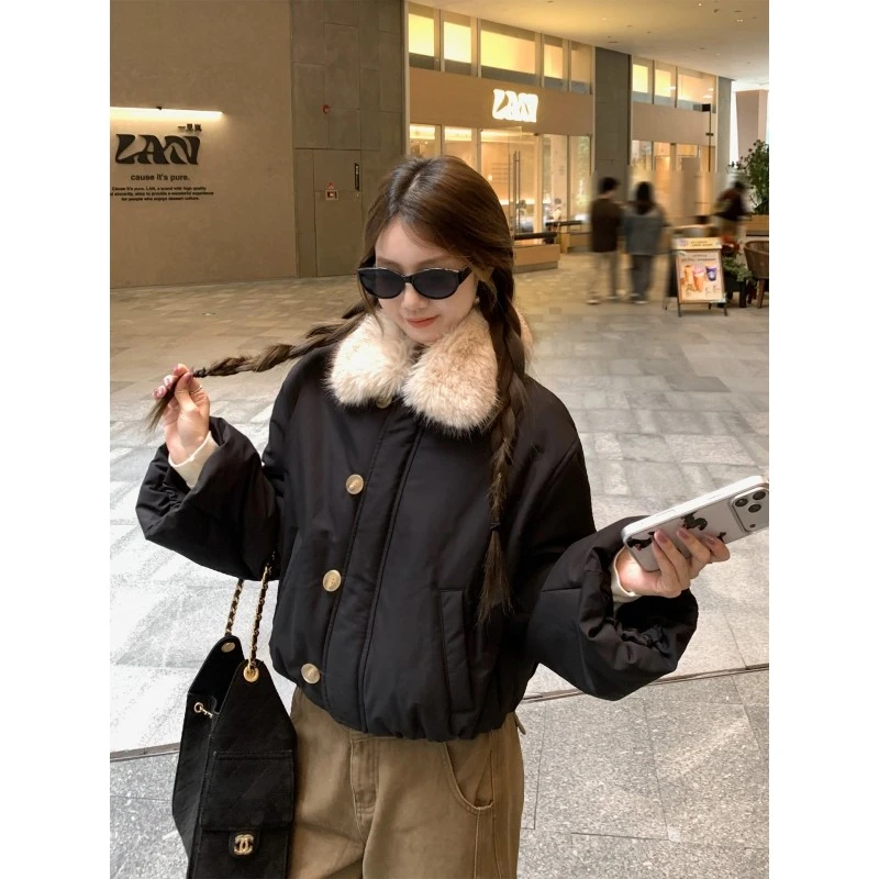 乌77黑色通勤百搭棉服外套女款冬季韩系毛领可拆卸超好看短款棉袄