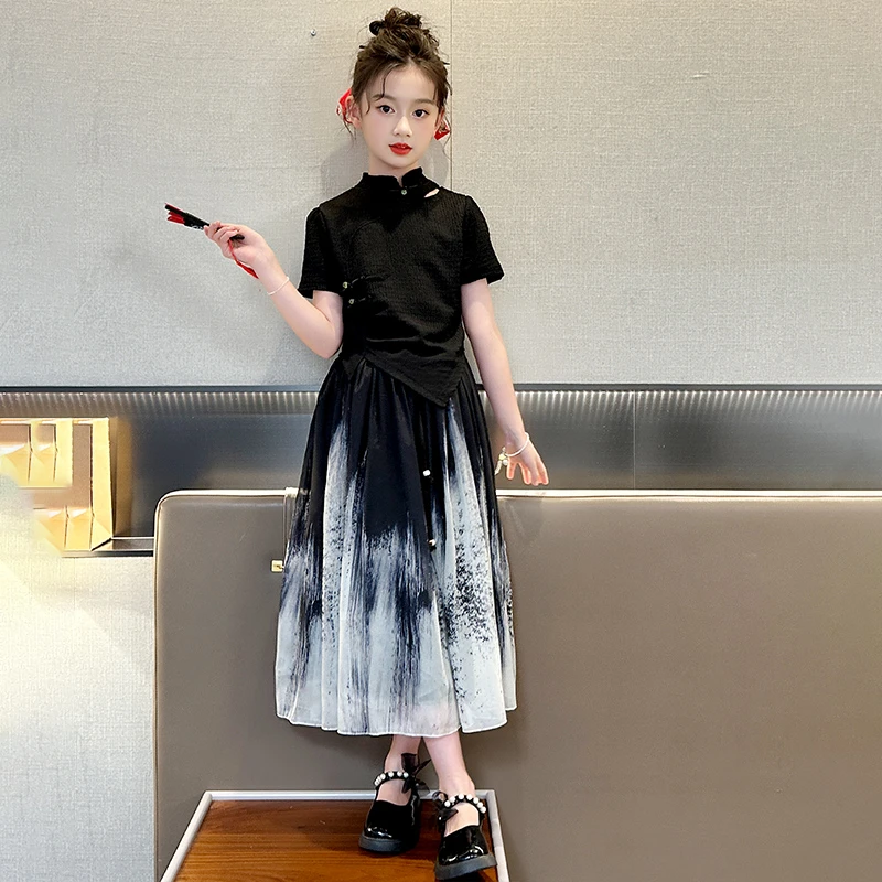 女童新中式国风套装2025新款小女孩大摆汉服裙儿童夏季水墨画裙子