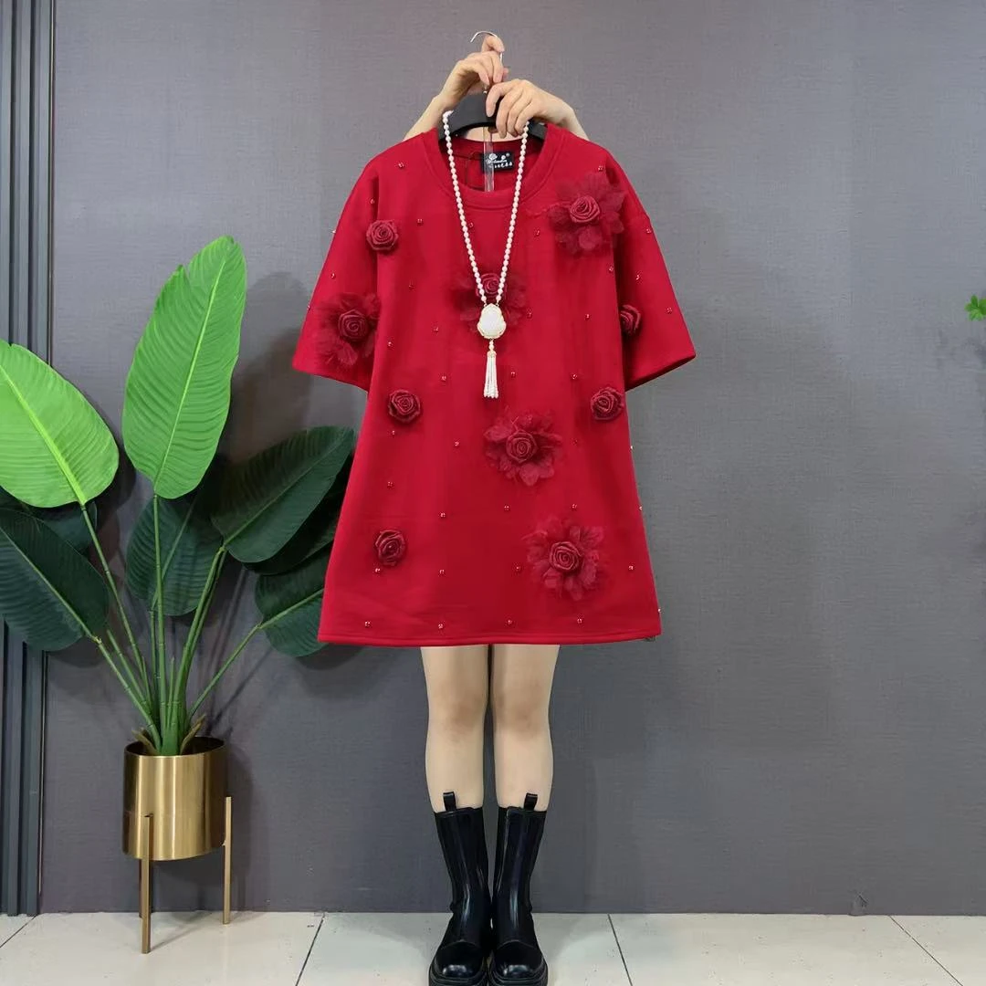 欧货重磅女高级感漂亮立体花朵重工钉钻T恤小众穿搭宽松遮肉上衣