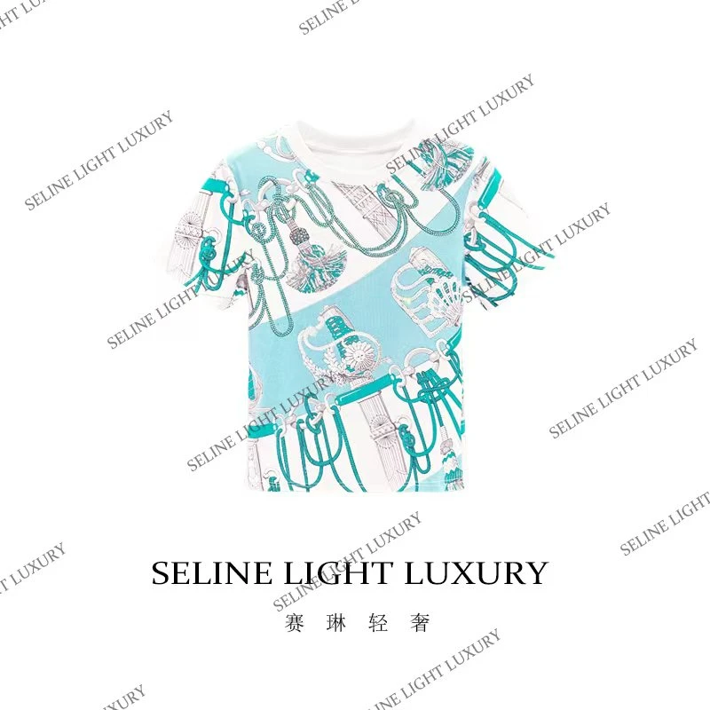 【25C-167】七2025 SELINE 轻奢原创重工海魂秋水一色印花圆领短袖T