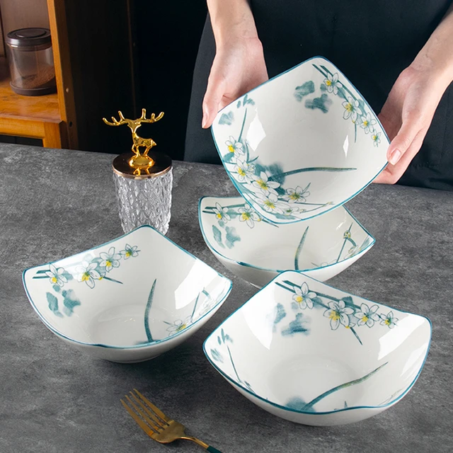 水仙花四角盘子菜盘家用釉下彩简约陶瓷异形翘脚碗凉菜汤碗沙拉碗