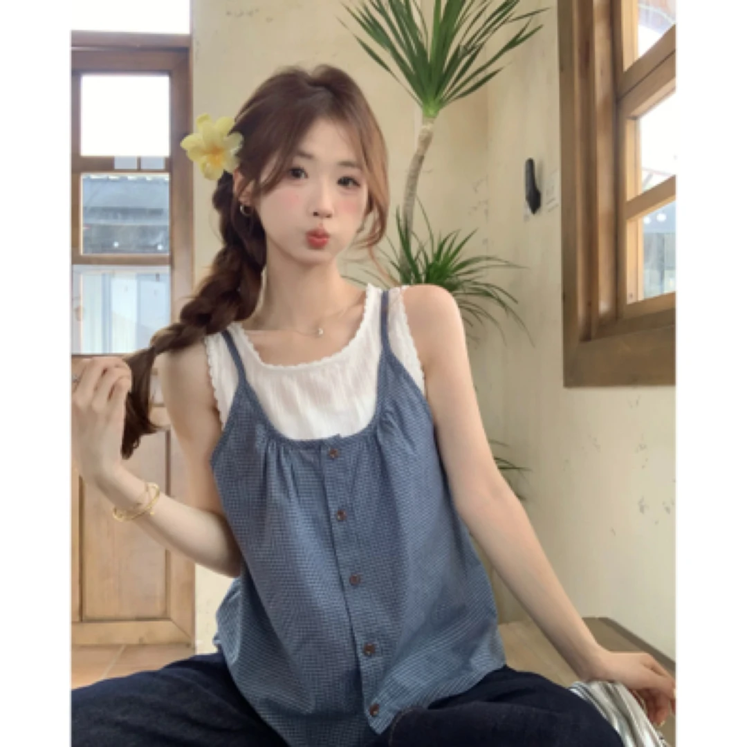 法式小众拼接假两件碎花背心娃娃小衫女夏宽松小个子无袖坎肩上衣