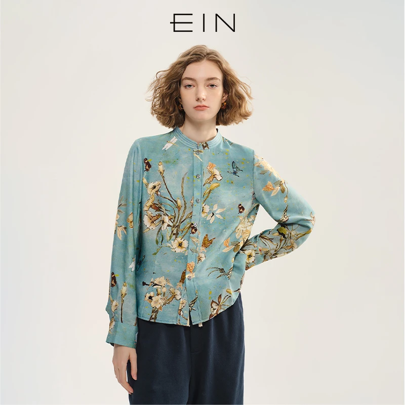 EIN/言浪漫假日感印花小立领灯笼袖文艺休闲衬衫女2025夏季新款