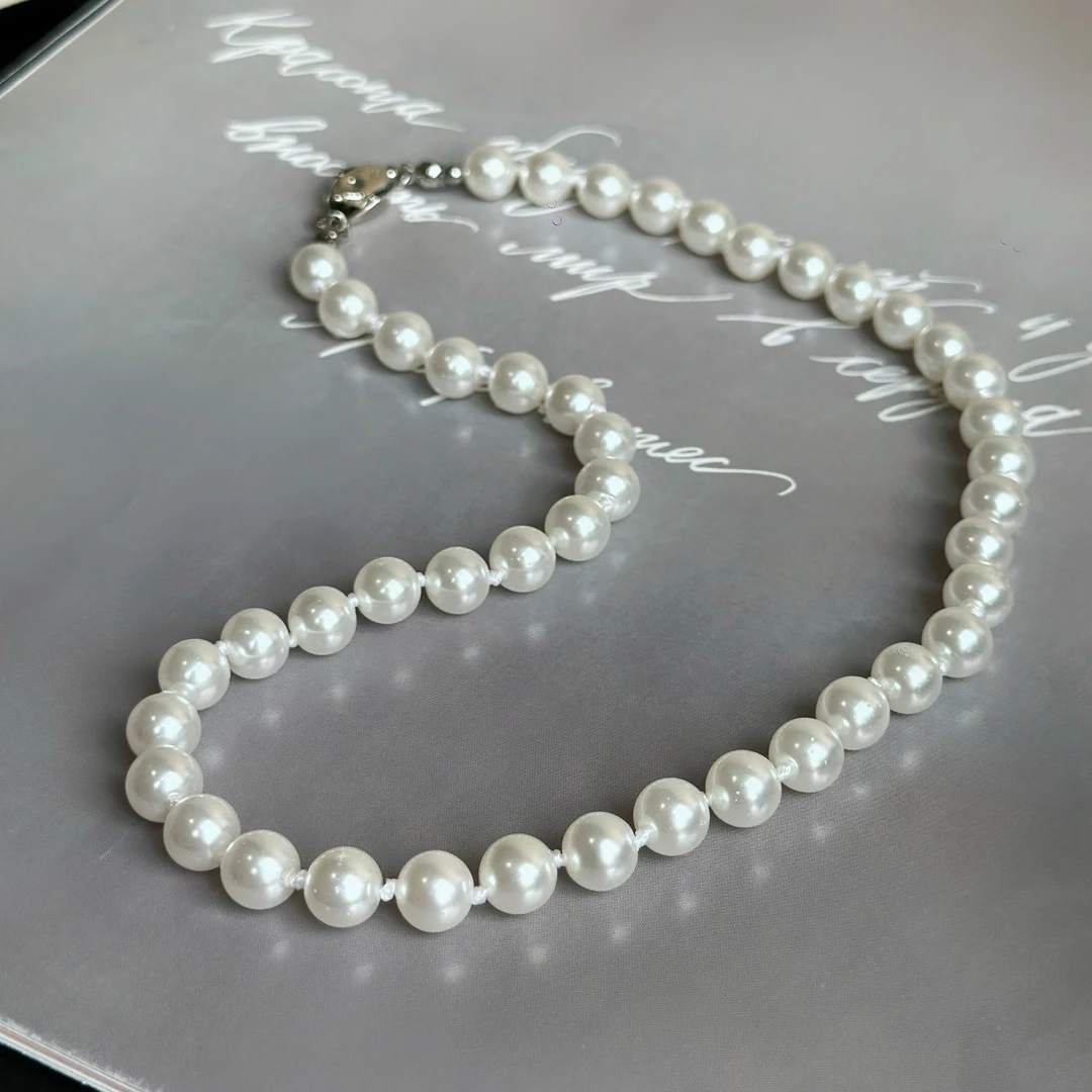 铜合金仿珍珠项链 冷白8mm妈妈链高级感气质项链 约47cm E2-006