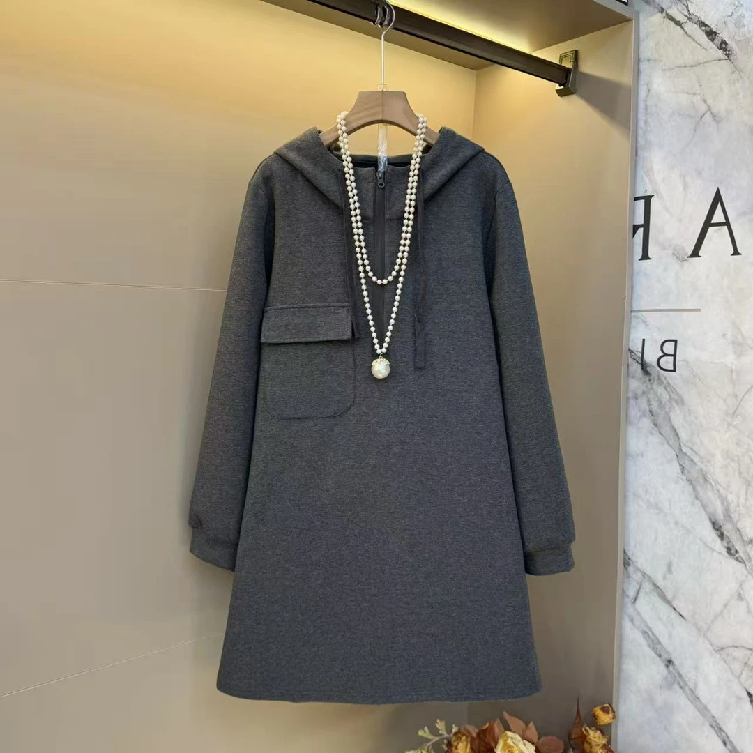 2025新款欧货连帽拉链设计气质时尚休闲洋气显瘦长款卫衣裙2549