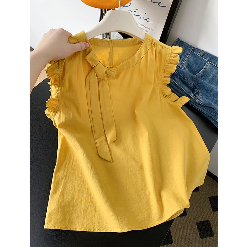 2025夏季新款韩版时尚百搭圆领蝴蝶结木耳边飞飞袖显瘦上衣衬衫女