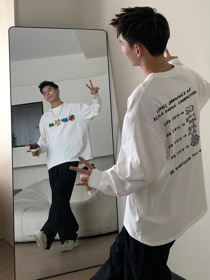 【重磅纯棉】2025秋季爆款圆领长袖T恤美式休闲百搭宽松简约印花ins