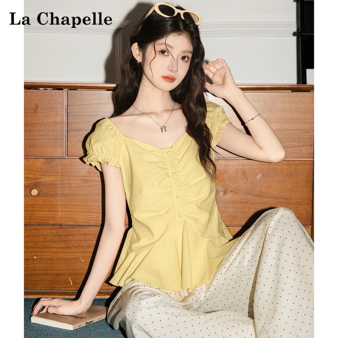 拉夏贝尔法式气质温柔黄色短袖衬衫小衫女夏季新款掐腰设计感上衣