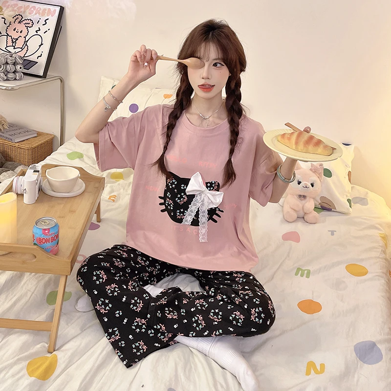 可爱大码睡衣女夏季纯棉短袖长裤学生甜美两件套加大码胖MM家居服