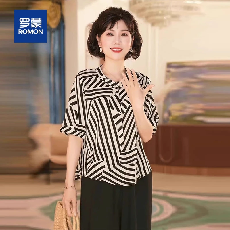 罗蒙中年妈妈夏装t恤时尚2025新款洋气中老年女装上衣套装女夏季