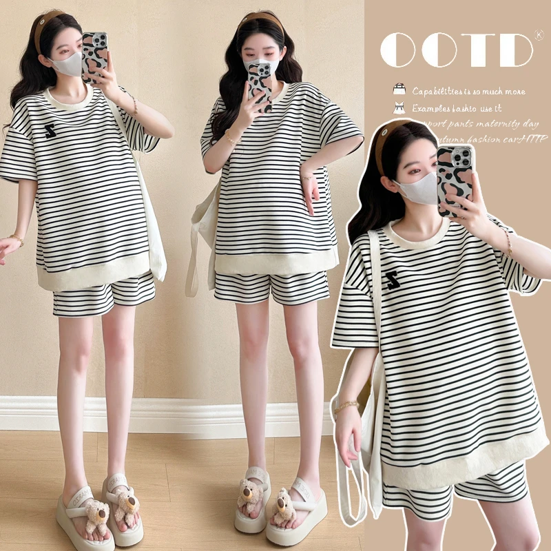 2025新款孕妇休闲套装韩版宽松洋气条纹短袖短裤两件套装