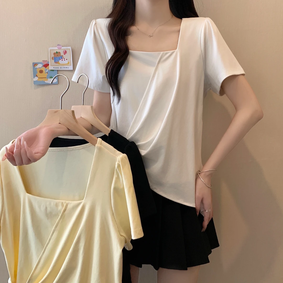 2025年大码女装夏季新款方领不规则飘带短袖T恤 3288