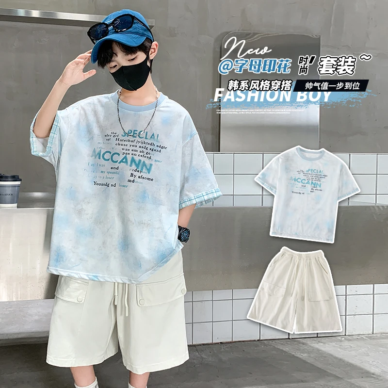 男童套装夏季新款中大童帅气小男孩夏款字母潮T短袖中裤两件套