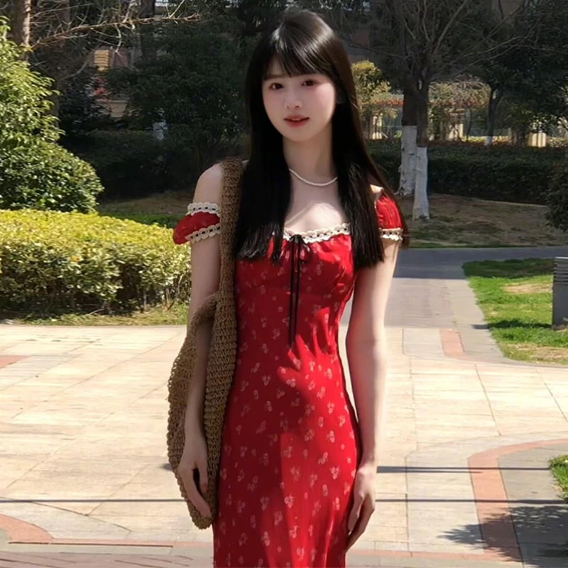 法式纯欲复古红色碎花连衣裙女设计感收腰拼接包臀鱼尾长裙子夏季