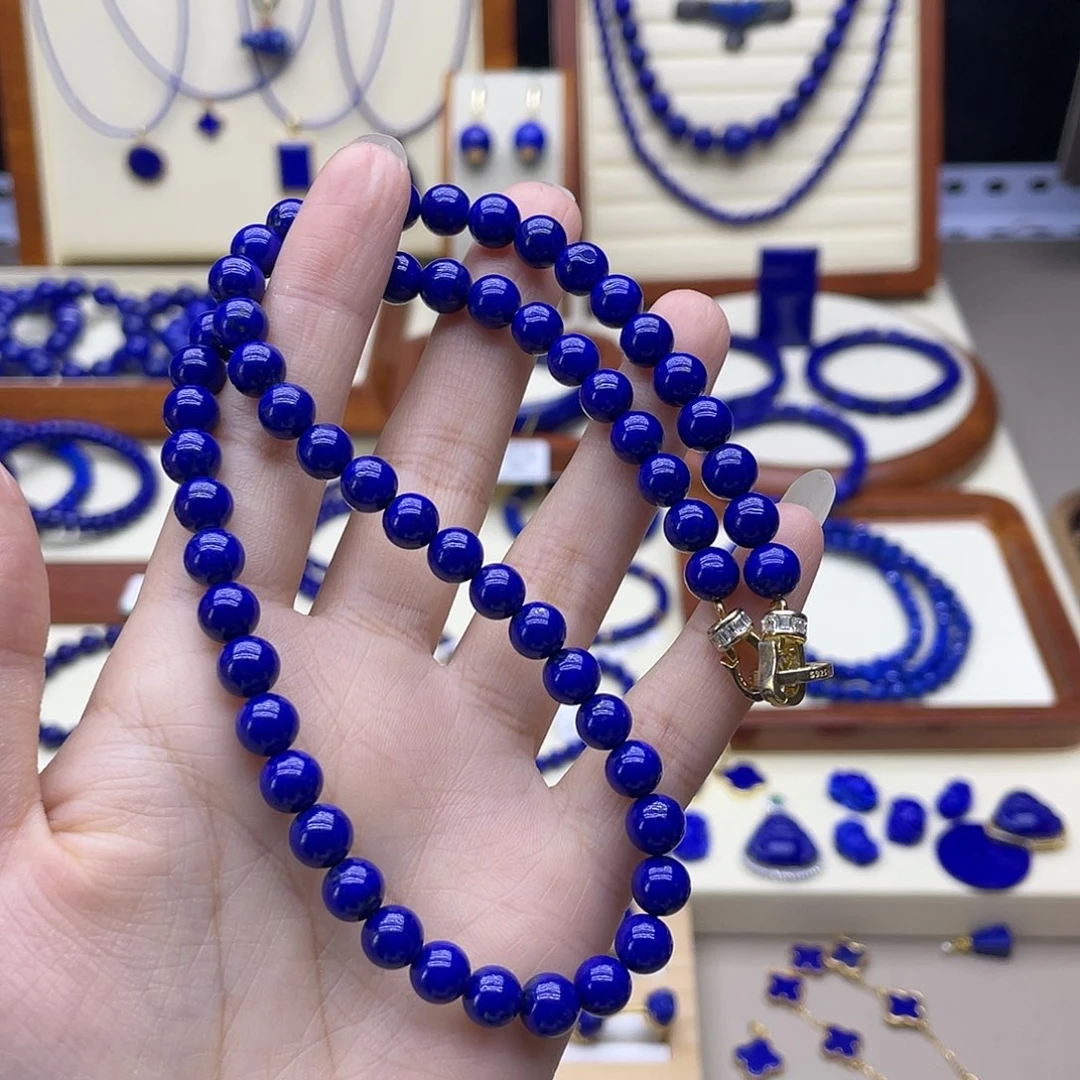 银S925镀金镶嵌青金石项链7mm高品