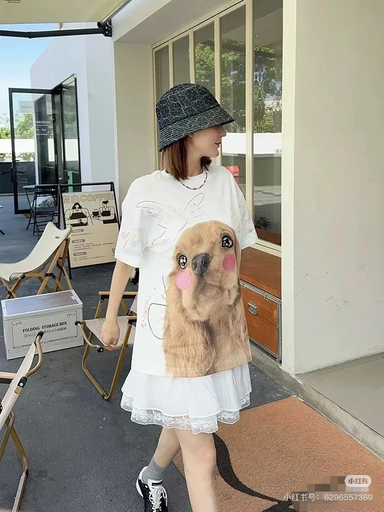 尾～24夏季新款纯棉趣味手绘涂鸦宽松印花狗狗T恤UY24232T106277