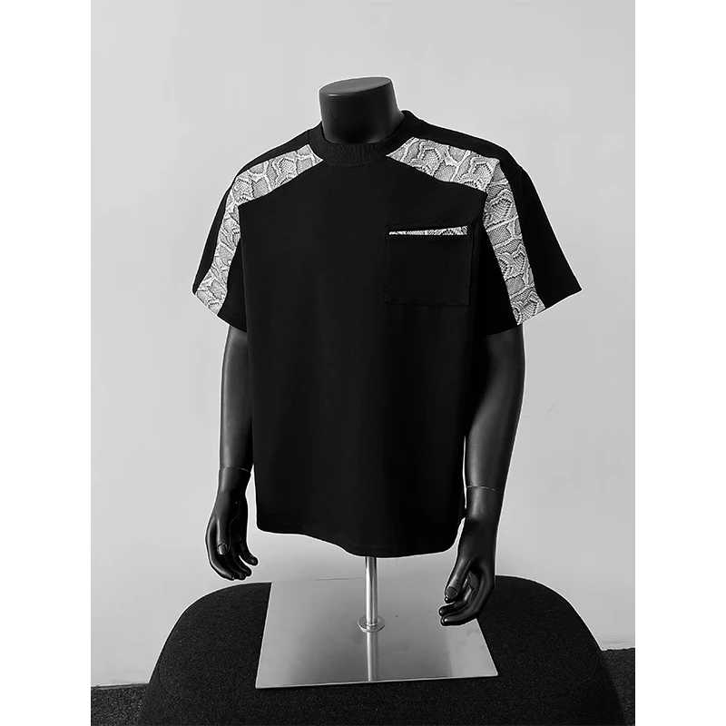 黑色蛇纹拼接短袖t恤男夏季hiphop美式高街半袖痞帅潮流百搭上衣