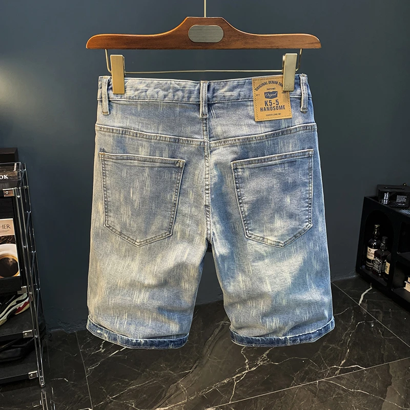 夏季薄款短裤男潮流直筒五分牛仔裤浅蓝色水洗休闲男士外穿中裤子